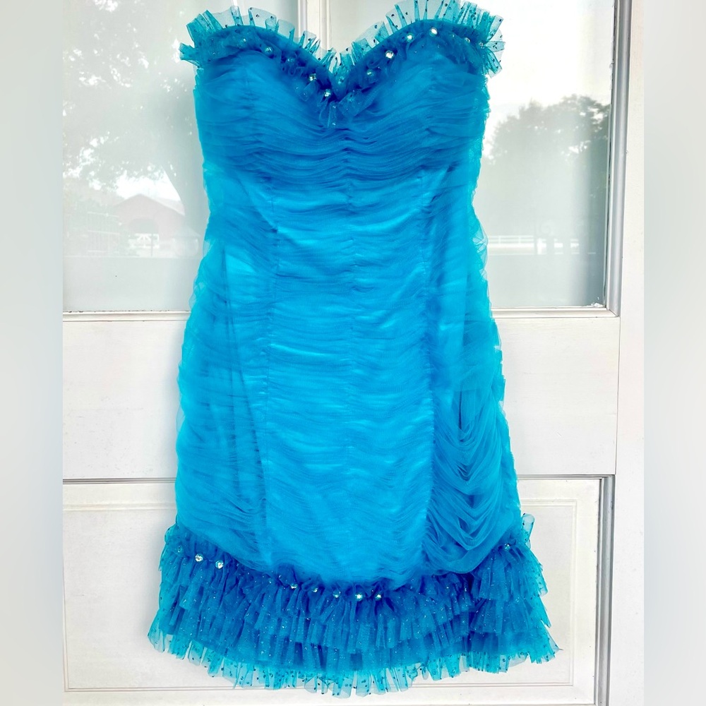 Bright Blue Ruffled, Ruched, and Embellished Homecoming/Cocktail Dress